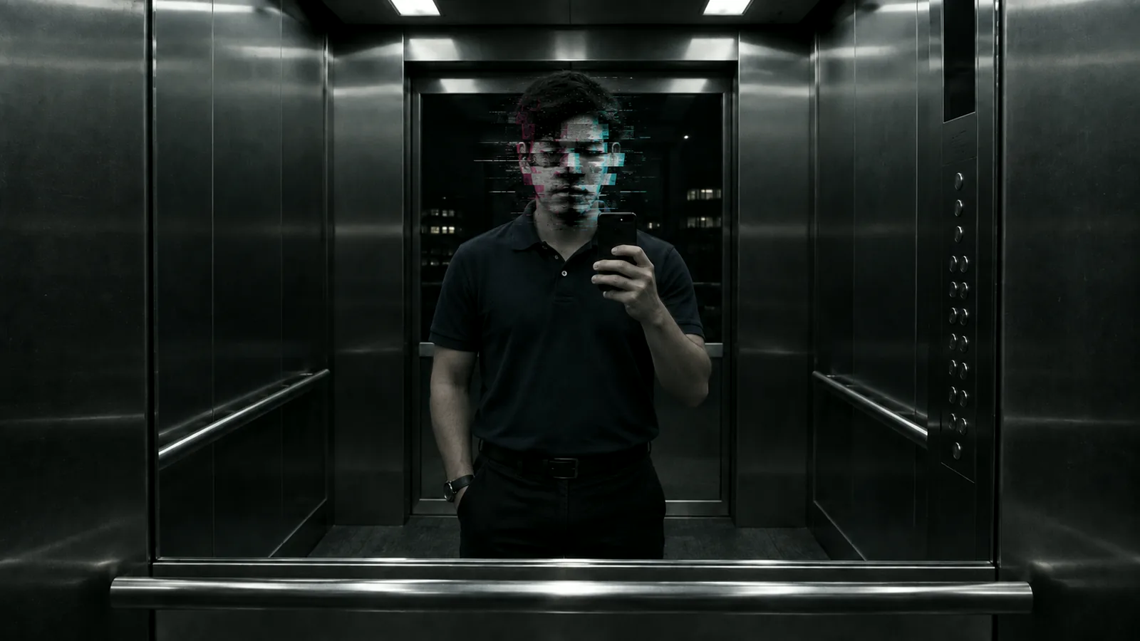 夜のオフィスのエレベーターの鏡に映る、顔の崩れた男