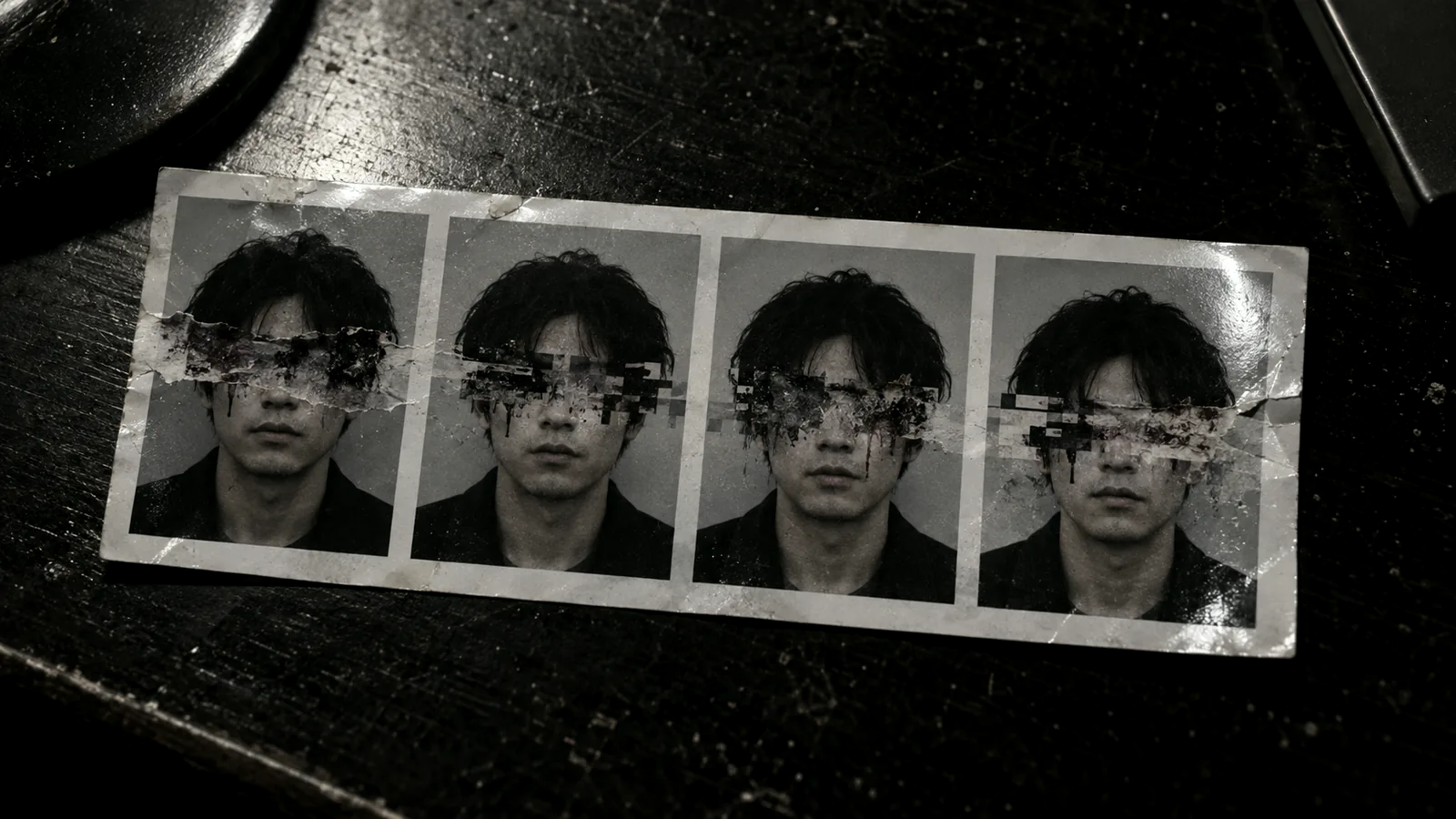 目のあたりが破れた証明写真の4コマ